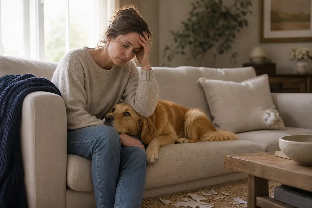 A tired owner sitting with a dog at home after separation-related stress