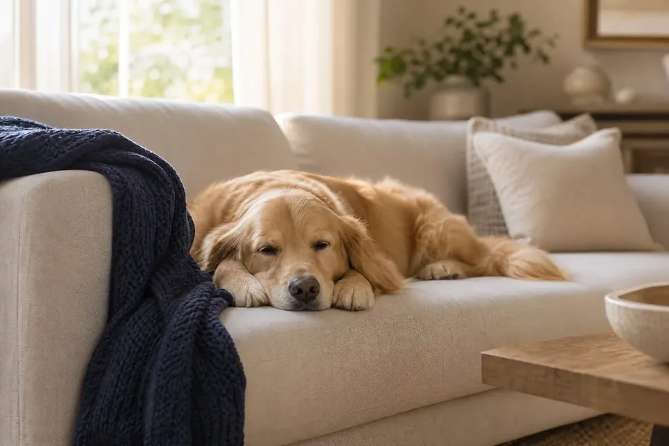 A relaxed golden retriever resting calmly on a sofa at home while their owner is out
